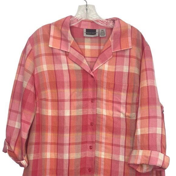 Maggie Barnes Button Up Shirt Womens Size 18W Pink Plaid Linen Blend - Picture 3 of 6